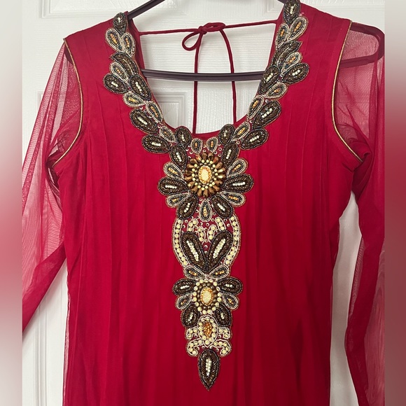 Red/Maroon Anarkali Suit Floor Length Gown - Picture 3 of 6